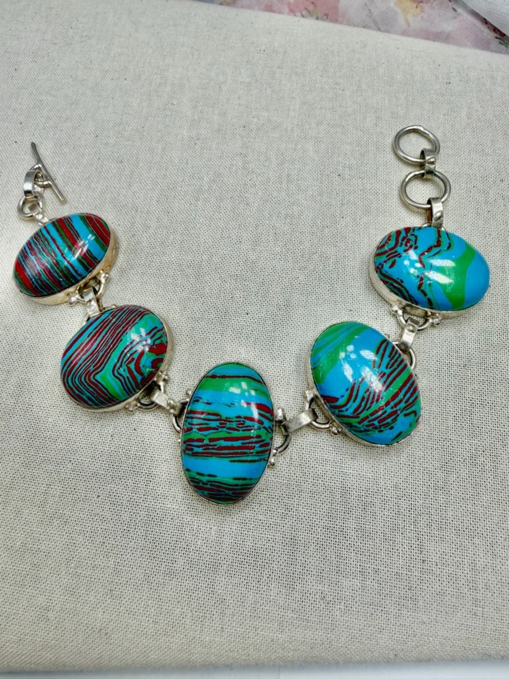 Vintage 925 Silver Rainbow Casilica Stone Bracelet #5STB